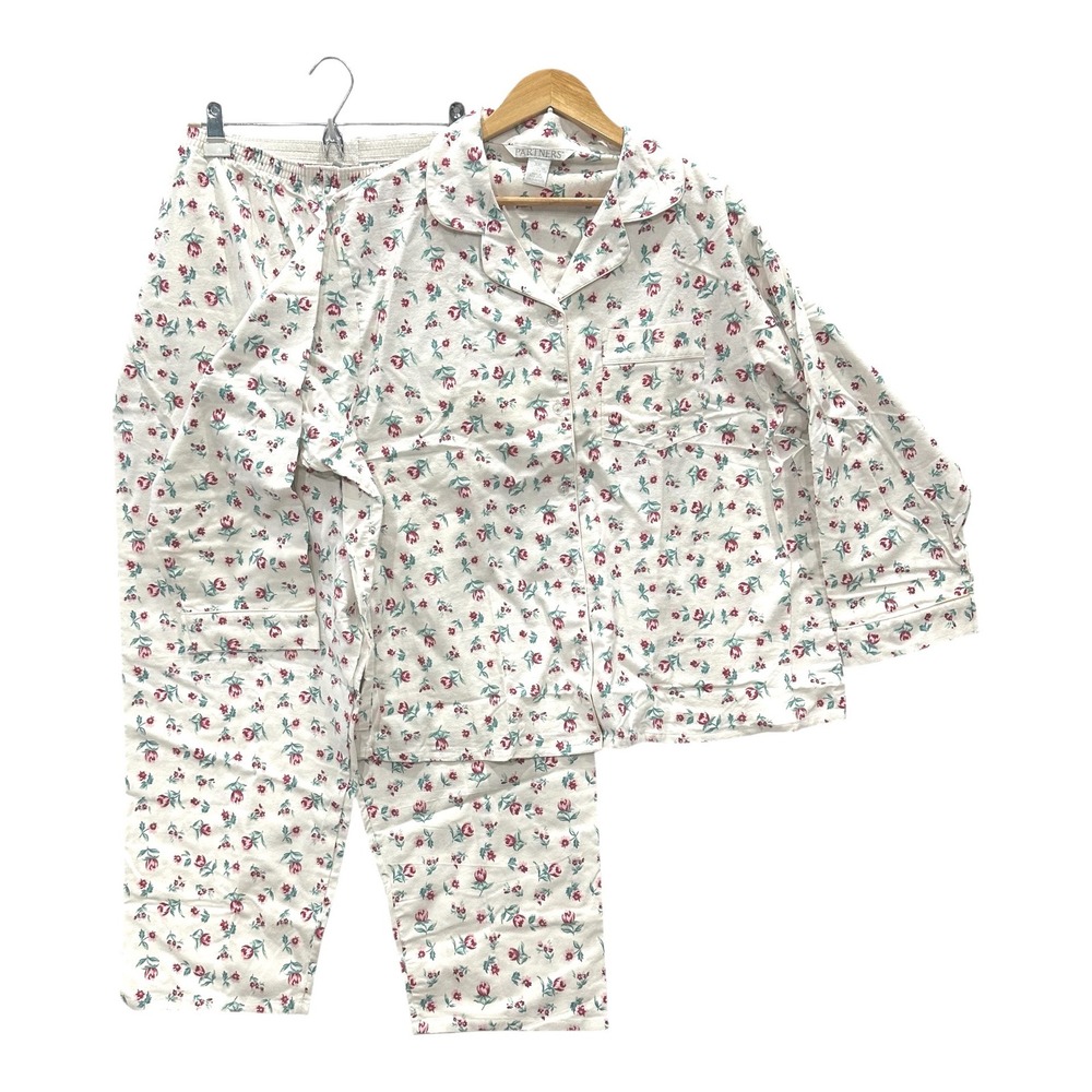 VTG Partners Womens XXLFloral Pajama Set White Red Tulip Button Front Top Pants
